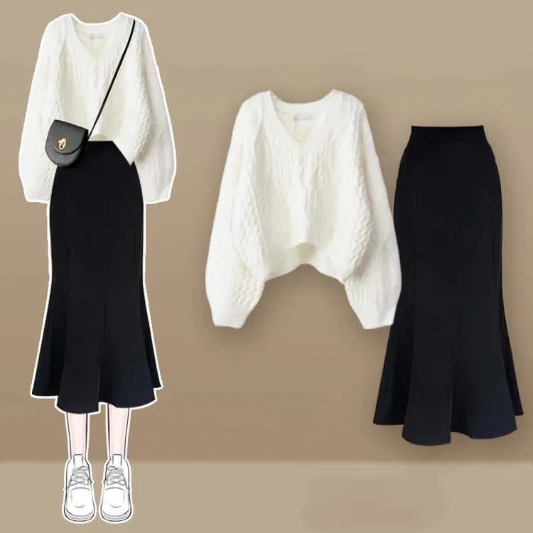 Vintage V-Neck Cross Knit Sweater Fishtail Skirt Two Piece Set