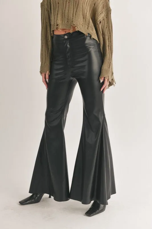 We're Good To Go Black Faux Leather Bell Bottoms