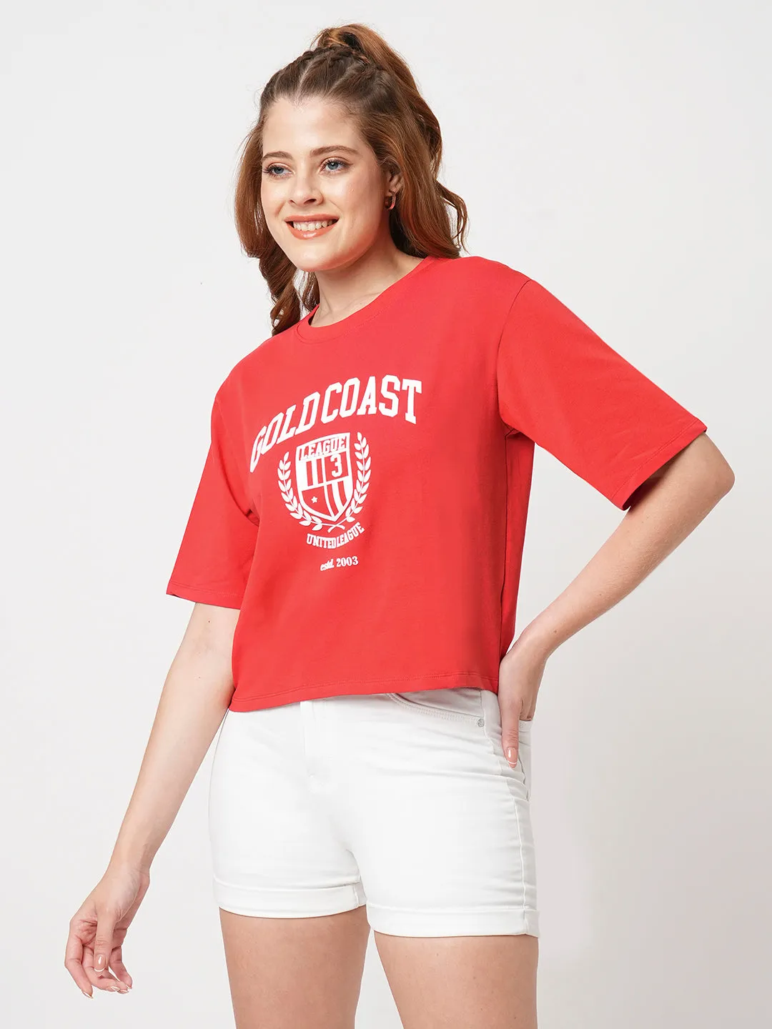 Women Slim Fit Red Crop T-Shirt Chest Print