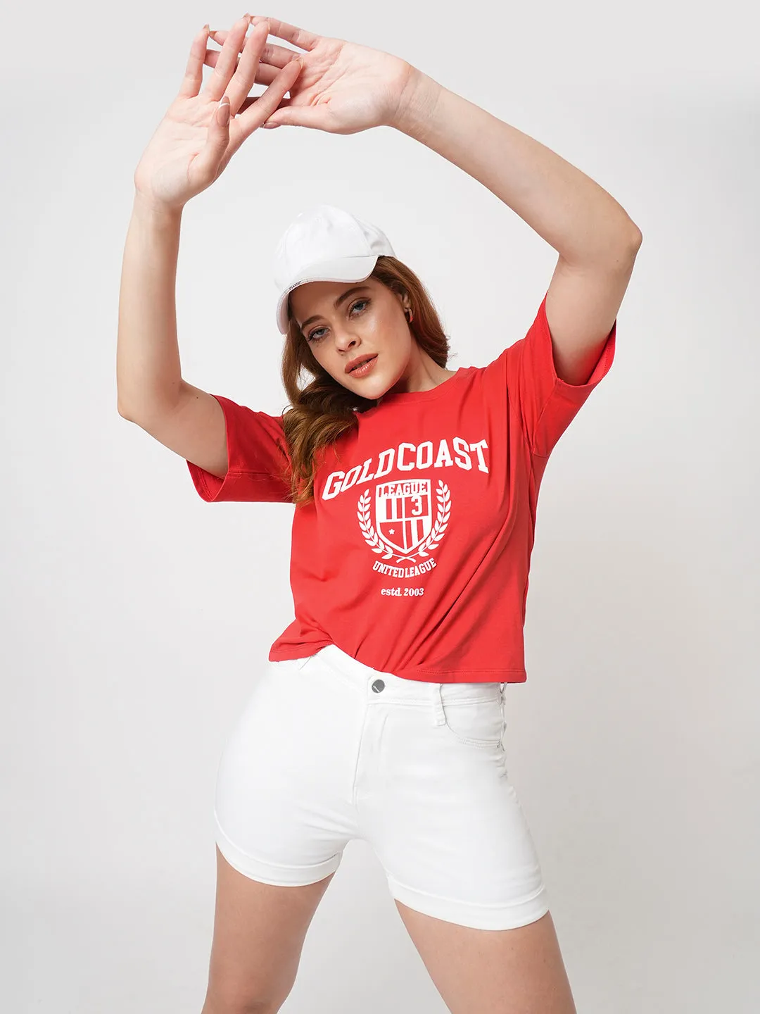Women Slim Fit Red Crop T-Shirt Chest Print