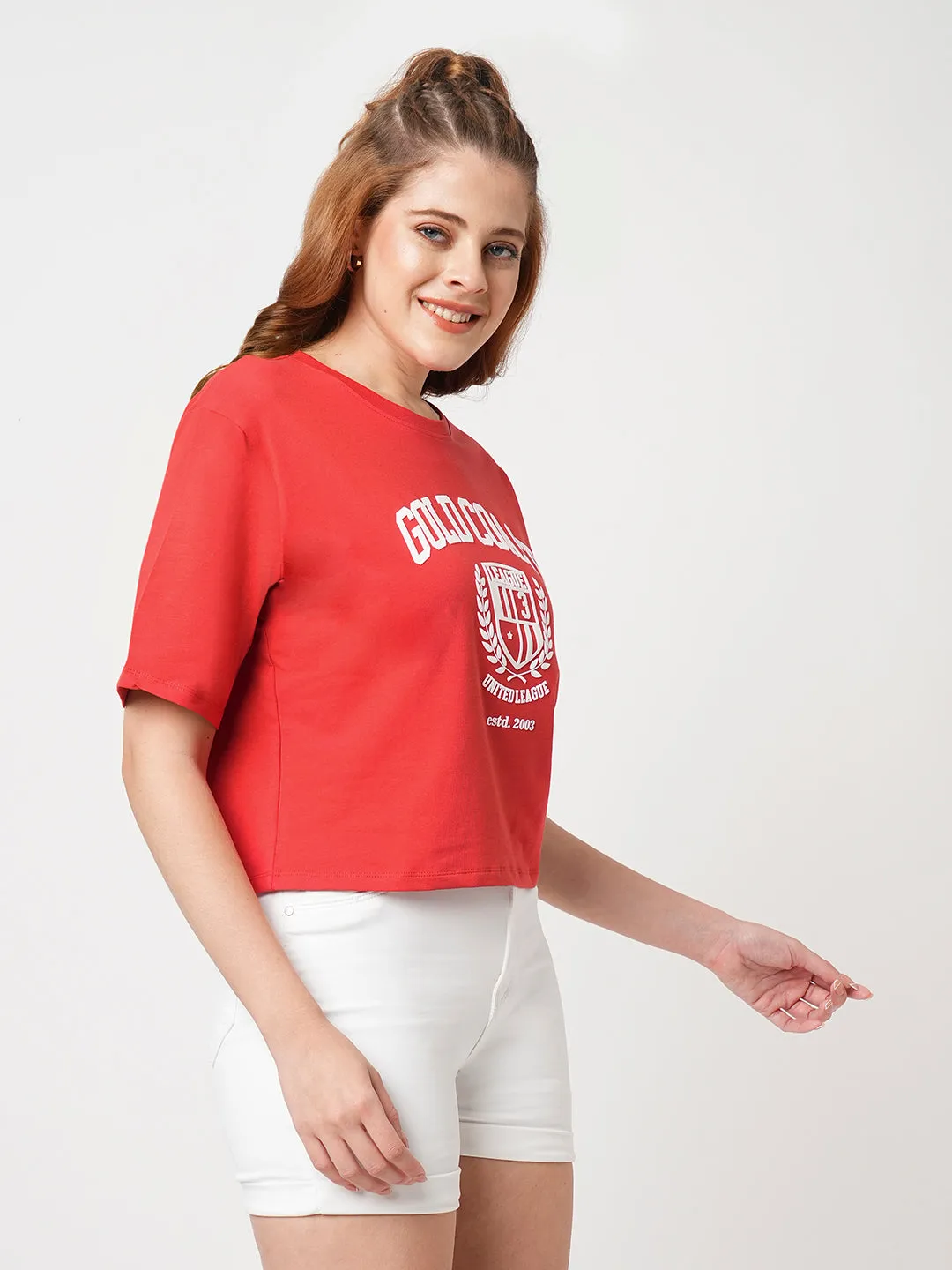 Women Slim Fit Red Crop T-Shirt Chest Print