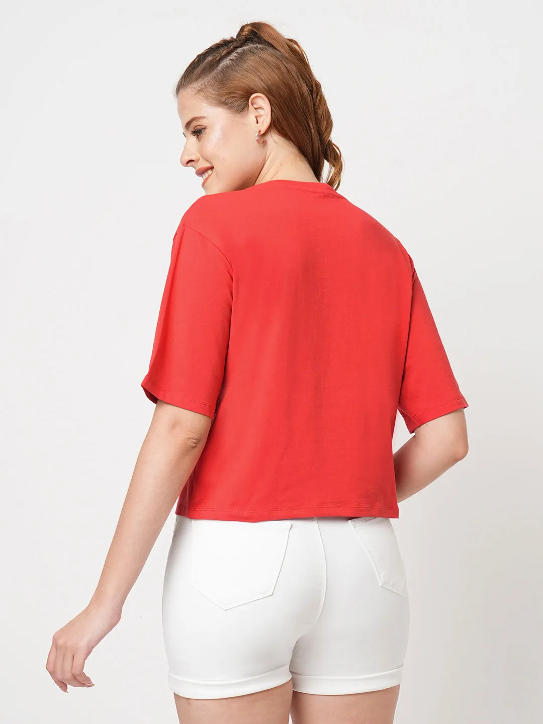 Women Slim Fit Red Crop T-Shirt Chest Print