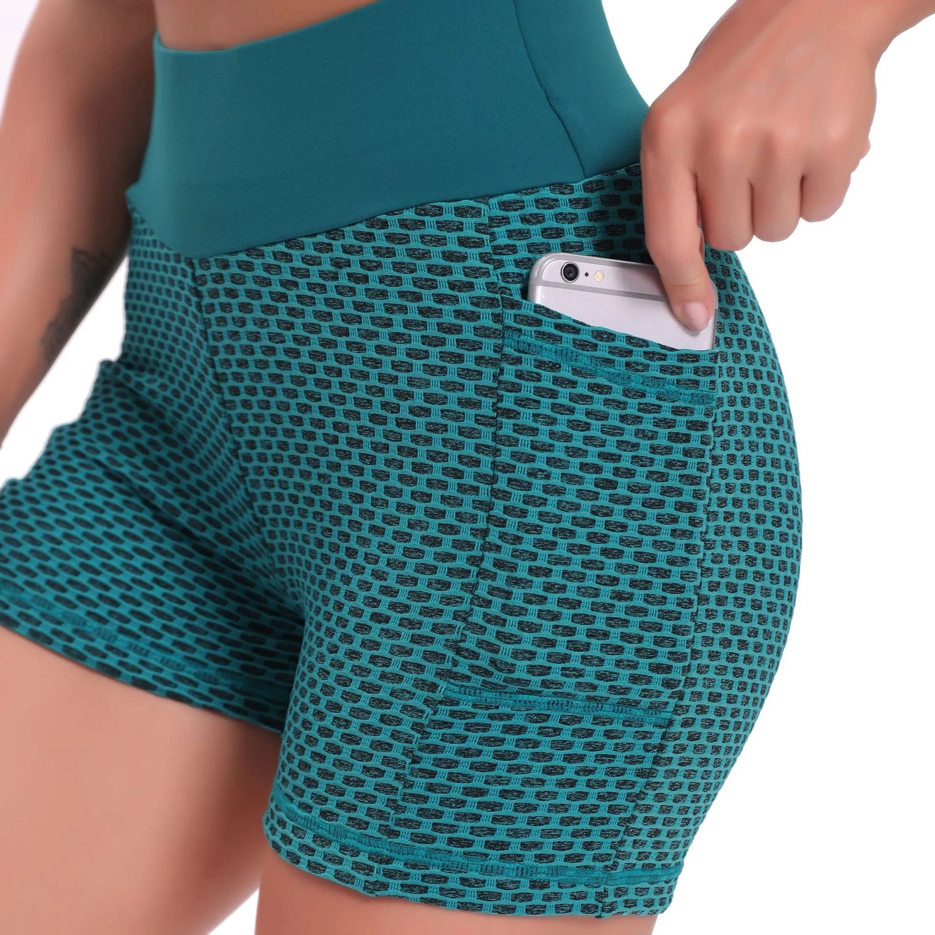 Women Yoga fitness honeycomb pocket high waist sexy hip-lifting breathable shorts