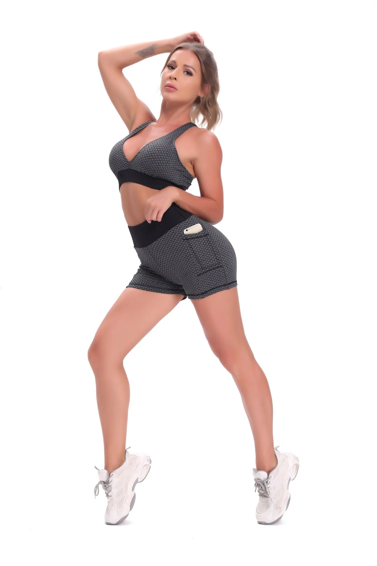 Women Yoga fitness honeycomb pocket high waist sexy hip-lifting breathable shorts