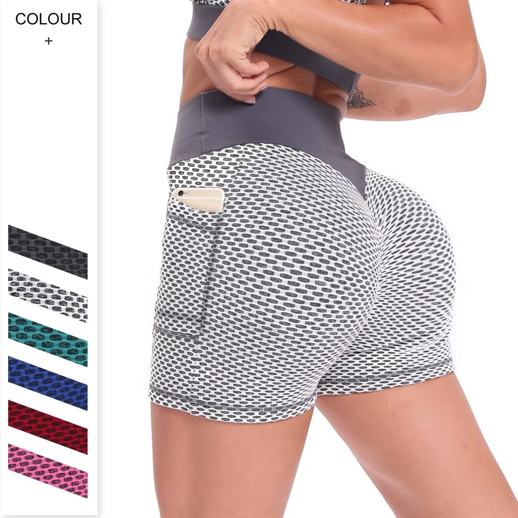 Women Yoga fitness honeycomb pocket high waist sexy hip-lifting breathable shorts
