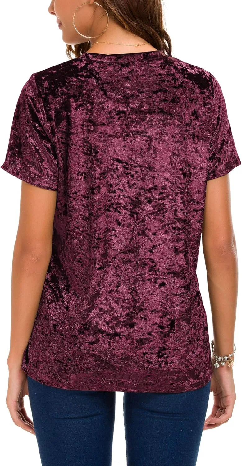 Women's Crew Neck Velvet Top Short Sleeve T-Shirt