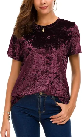 Women's Crew Neck Velvet Top Short Sleeve T-Shirt