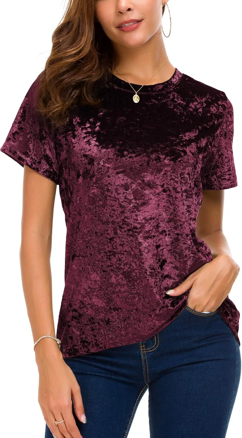 Women's Crew Neck Velvet Top Short Sleeve T-Shirt