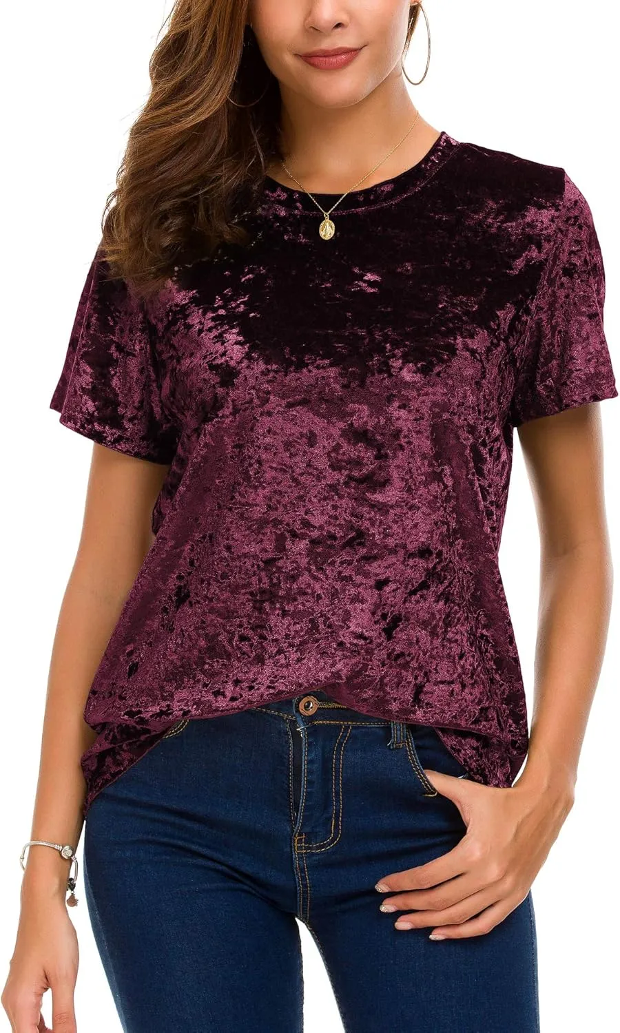 Women's Crew Neck Velvet Top Short Sleeve T-Shirt