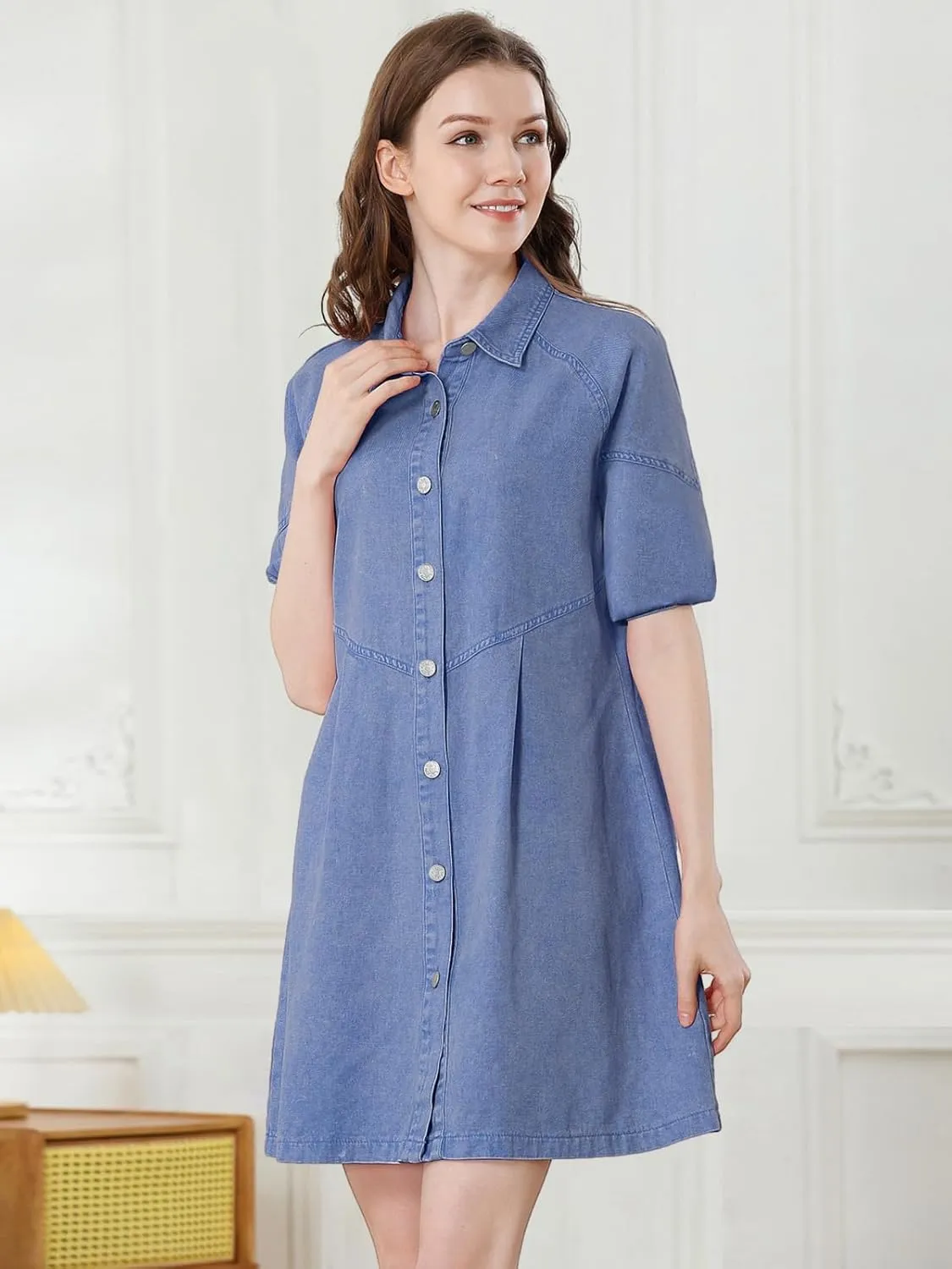 Women's Denim Shirt Dress 3/4 Long Sleeve Button Down Babydoll Jean Shirt Dresses