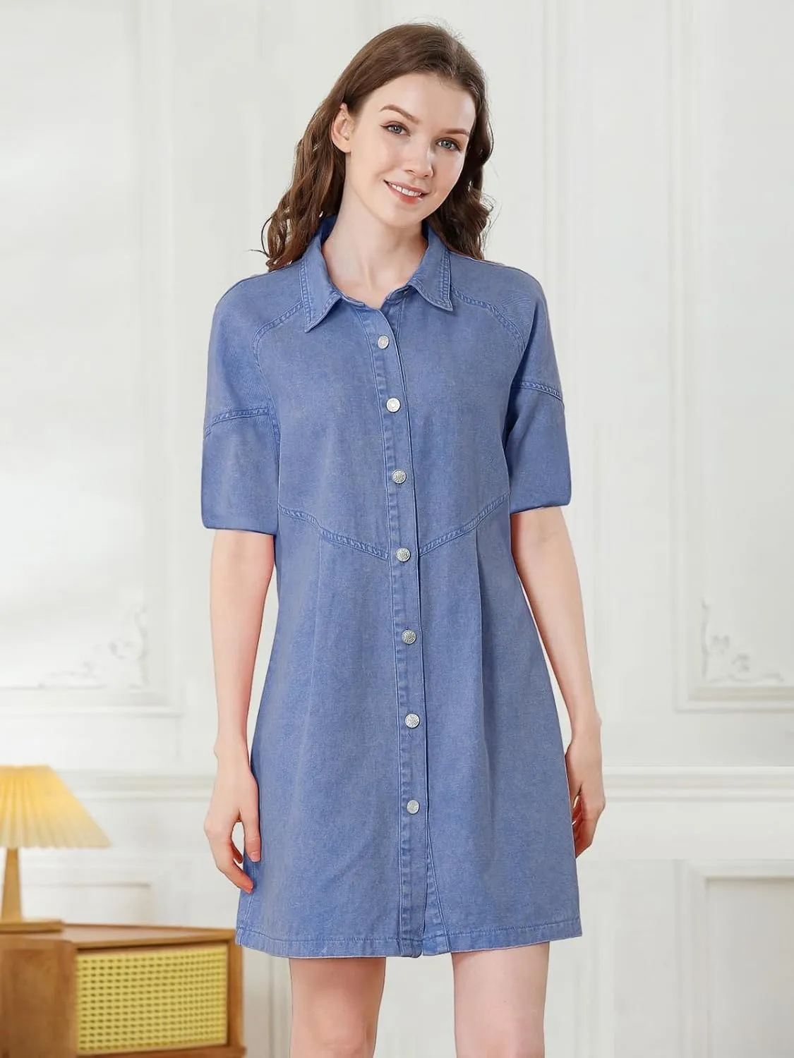 Women's Denim Shirt Dress 3/4 Long Sleeve Button Down Babydoll Jean Shirt Dresses