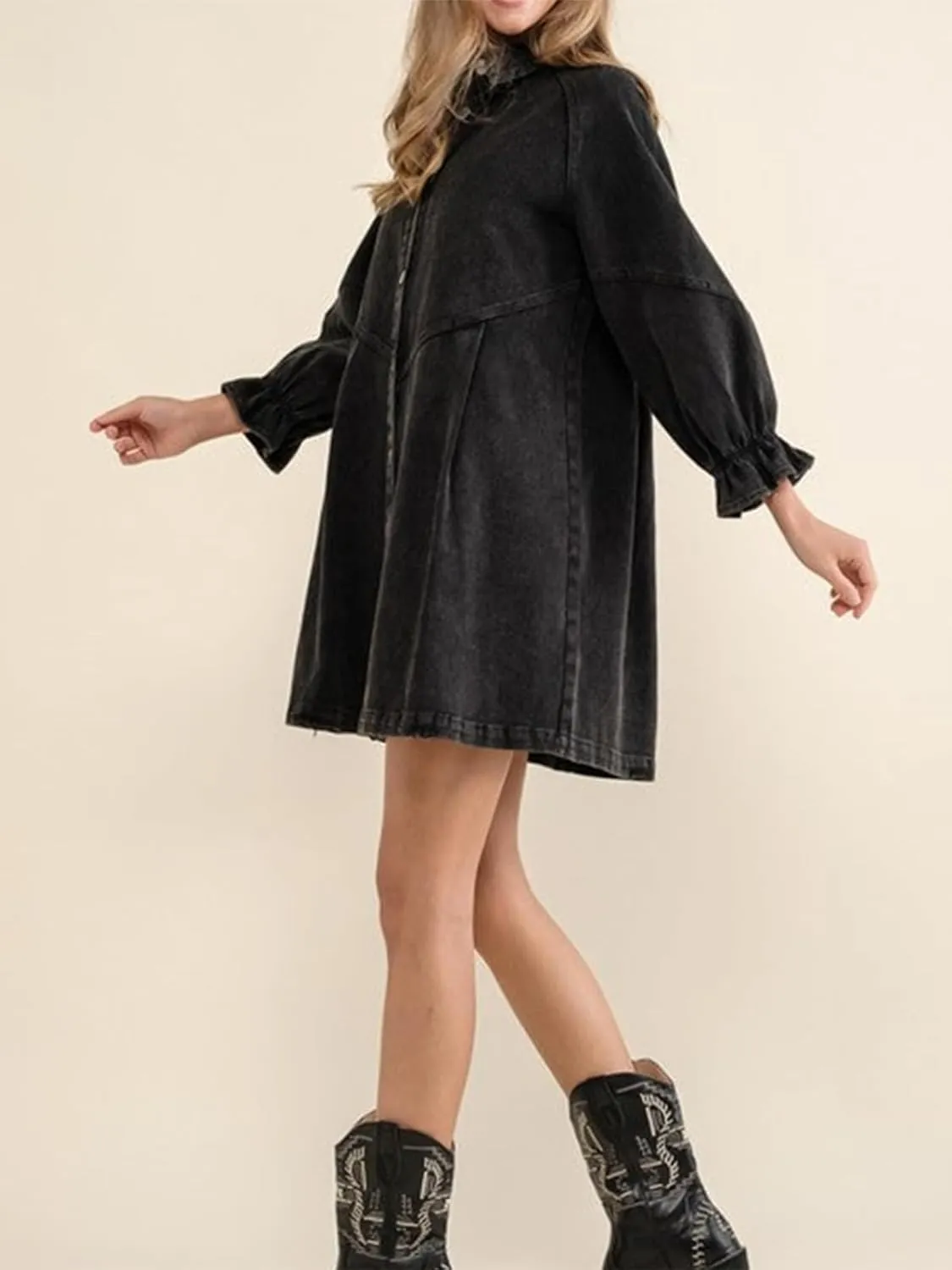 Women's Denim Shirt Dress 3/4 Long Sleeve Button Down Babydoll Jean Shirt Dresses
