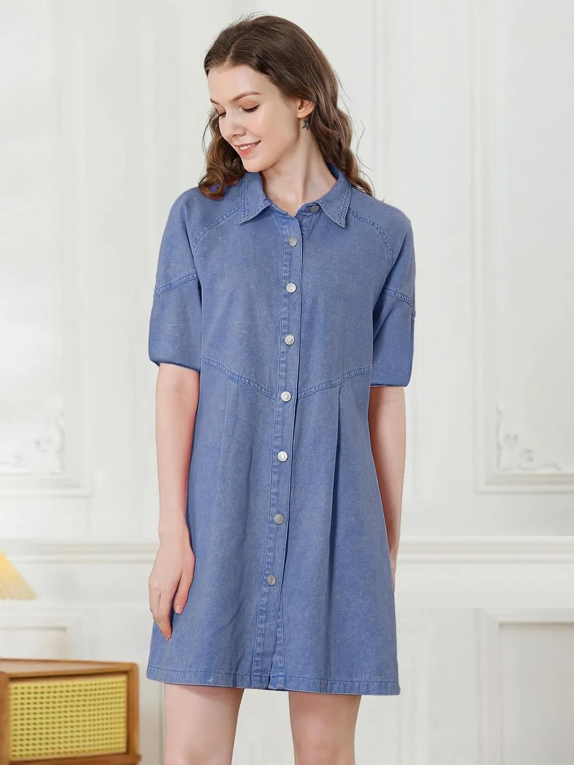 Women's Denim Shirt Dress 3/4 Long Sleeve Button Down Babydoll Jean Shirt Dresses