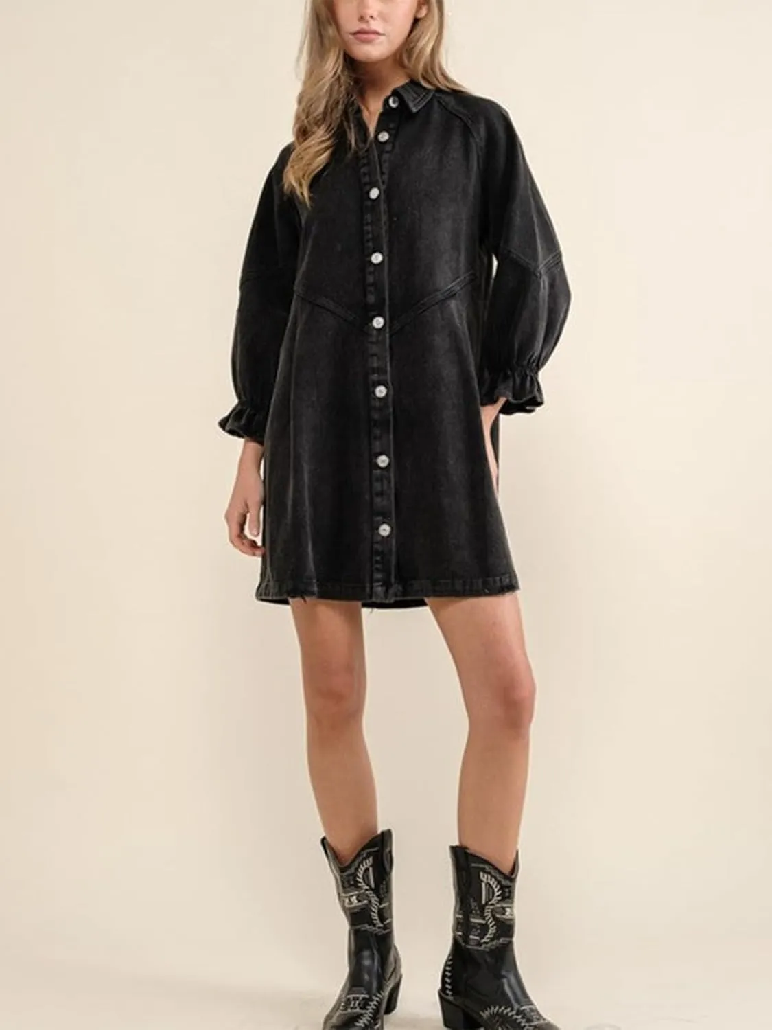 Women's Denim Shirt Dress 3/4 Long Sleeve Button Down Babydoll Jean Shirt Dresses