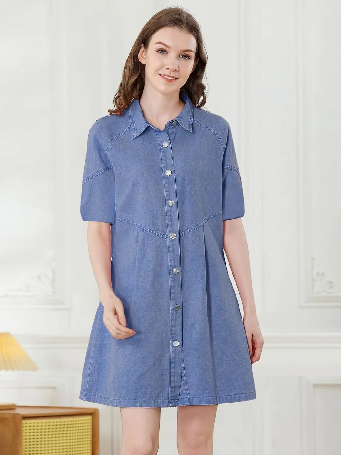 Women's Denim Shirt Dress 3/4 Long Sleeve Button Down Babydoll Jean Shirt Dresses