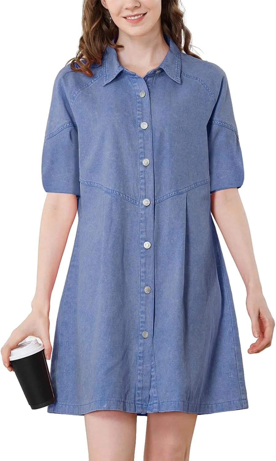 Women's Denim Shirt Dress 3/4 Long Sleeve Button Down Babydoll Jean Shirt Dresses