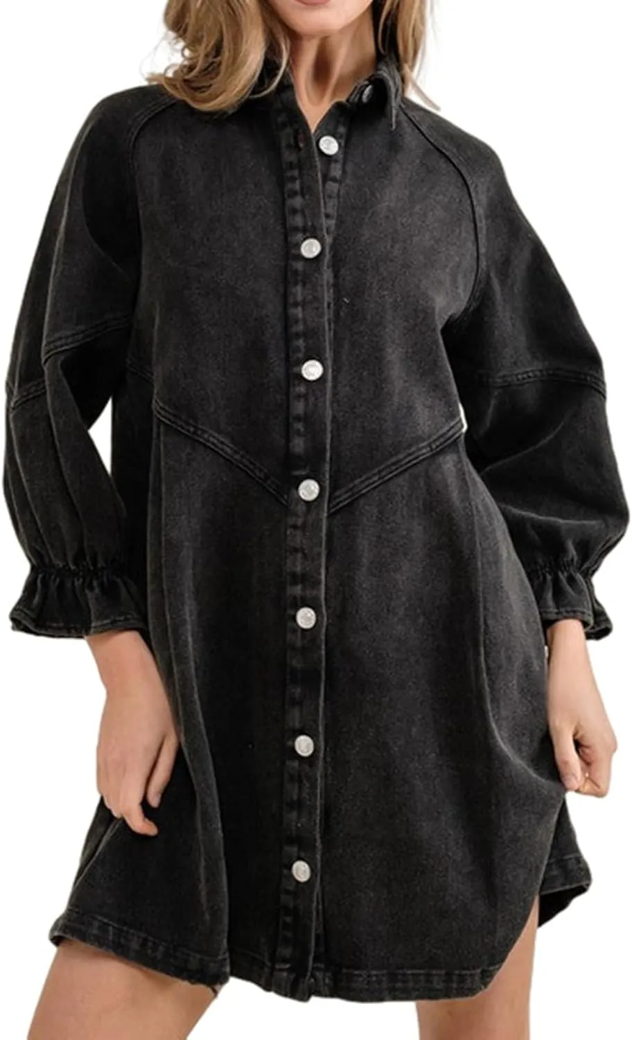 Women's Denim Shirt Dress 3/4 Long Sleeve Button Down Babydoll Jean Shirt Dresses
