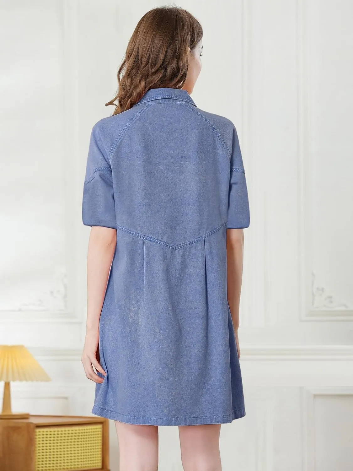 Women's Denim Shirt Dress 3/4 Long Sleeve Button Down Babydoll Jean Shirt Dresses