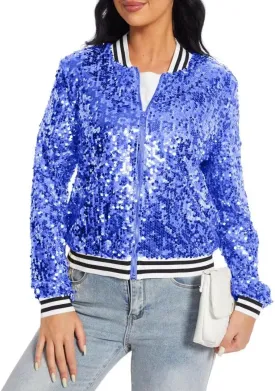 Womens Sequin Jacket Party Festival Outfit Long Sleeve Zipper Up Stylish Glitter Blazer Bomber Jacket