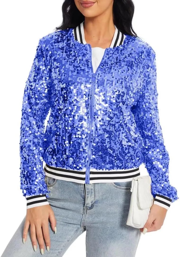 Womens Sequin Jacket Party Festival Outfit Long Sleeve Zipper Up Stylish Glitter Blazer Bomber Jacket