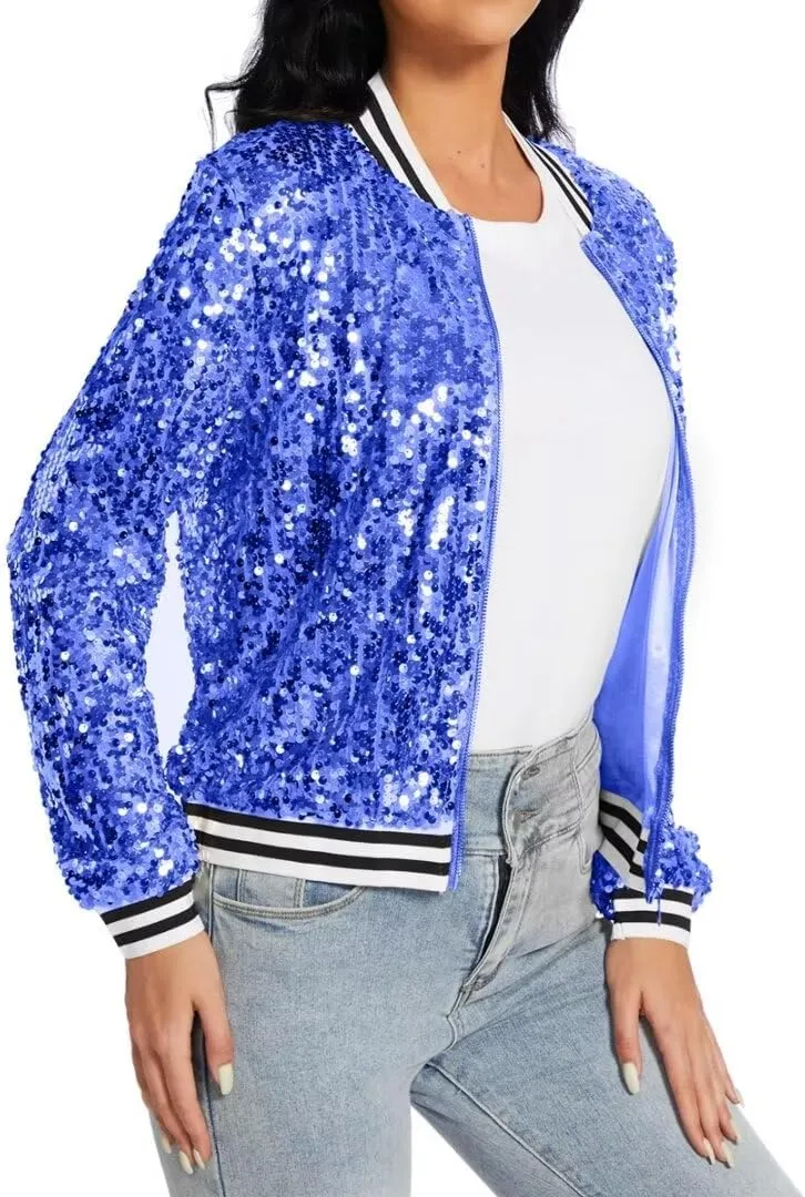 Womens Sequin Jacket Party Festival Outfit Long Sleeve Zipper Up Stylish Glitter Blazer Bomber Jacket