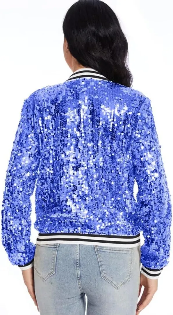 Womens Sequin Jacket Party Festival Outfit Long Sleeve Zipper Up Stylish Glitter Blazer Bomber Jacket
