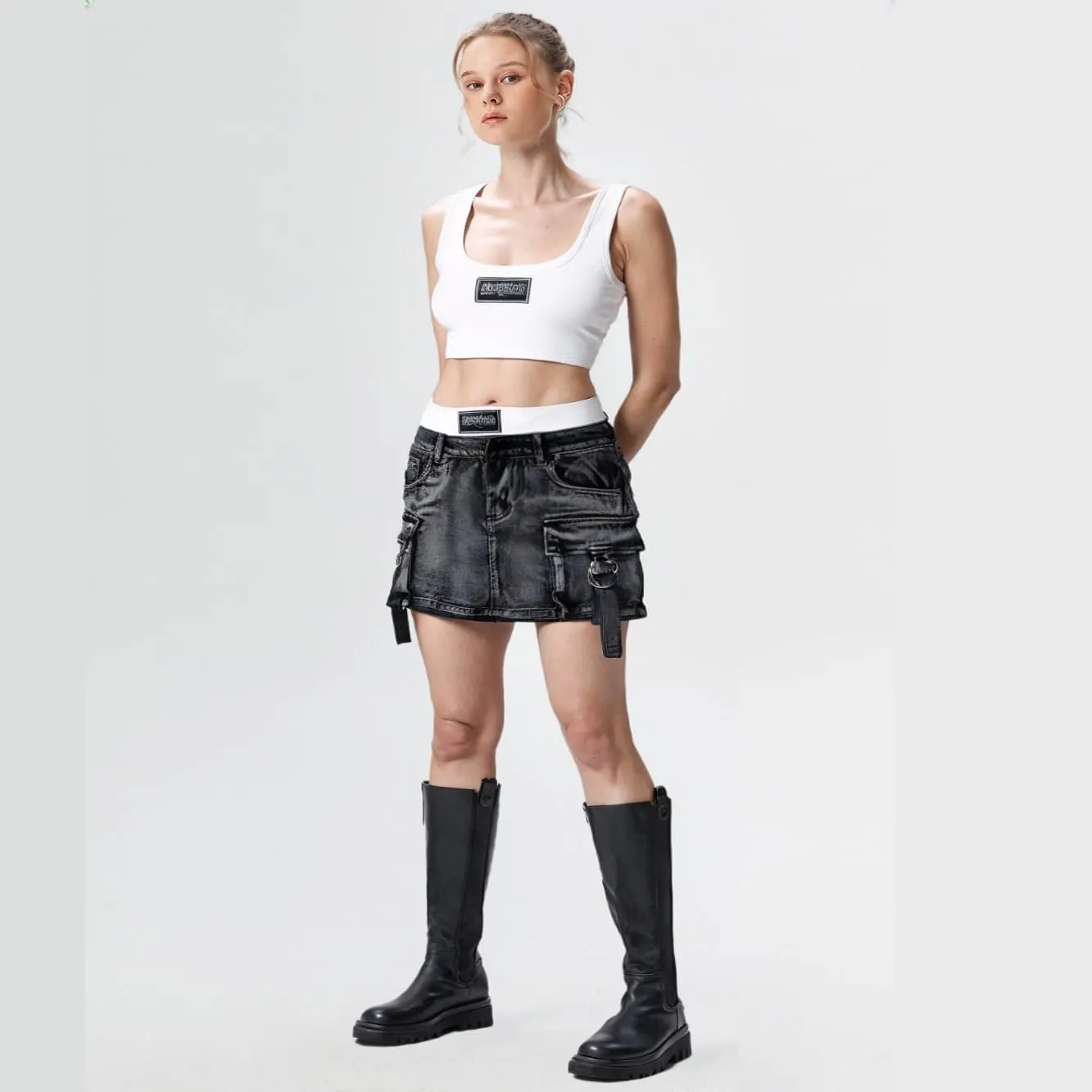 Women's Two-Piece Outfit Set, White Crop Tank Top with Black Cargo Denim Mini Skirt, Casual Summer Street Style