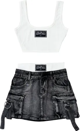 Women's Two-Piece Outfit Set, White Crop Tank Top with Black Cargo Denim Mini Skirt, Casual Summer Street Style