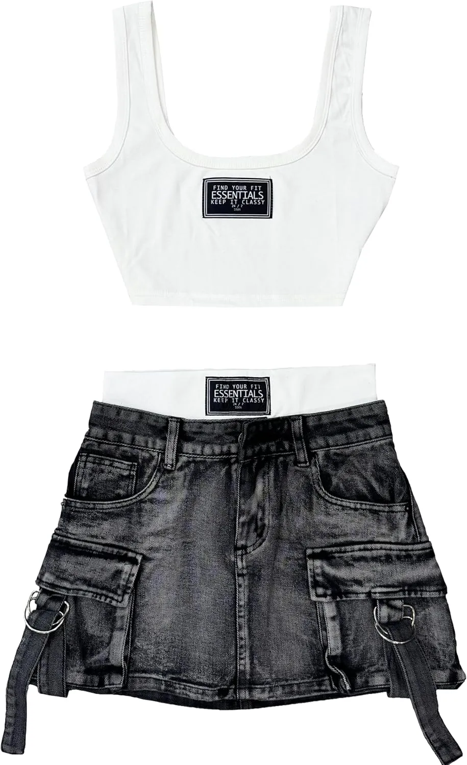 Women's Two-Piece Outfit Set, White Crop Tank Top with Black Cargo Denim Mini Skirt, Casual Summer Street Style